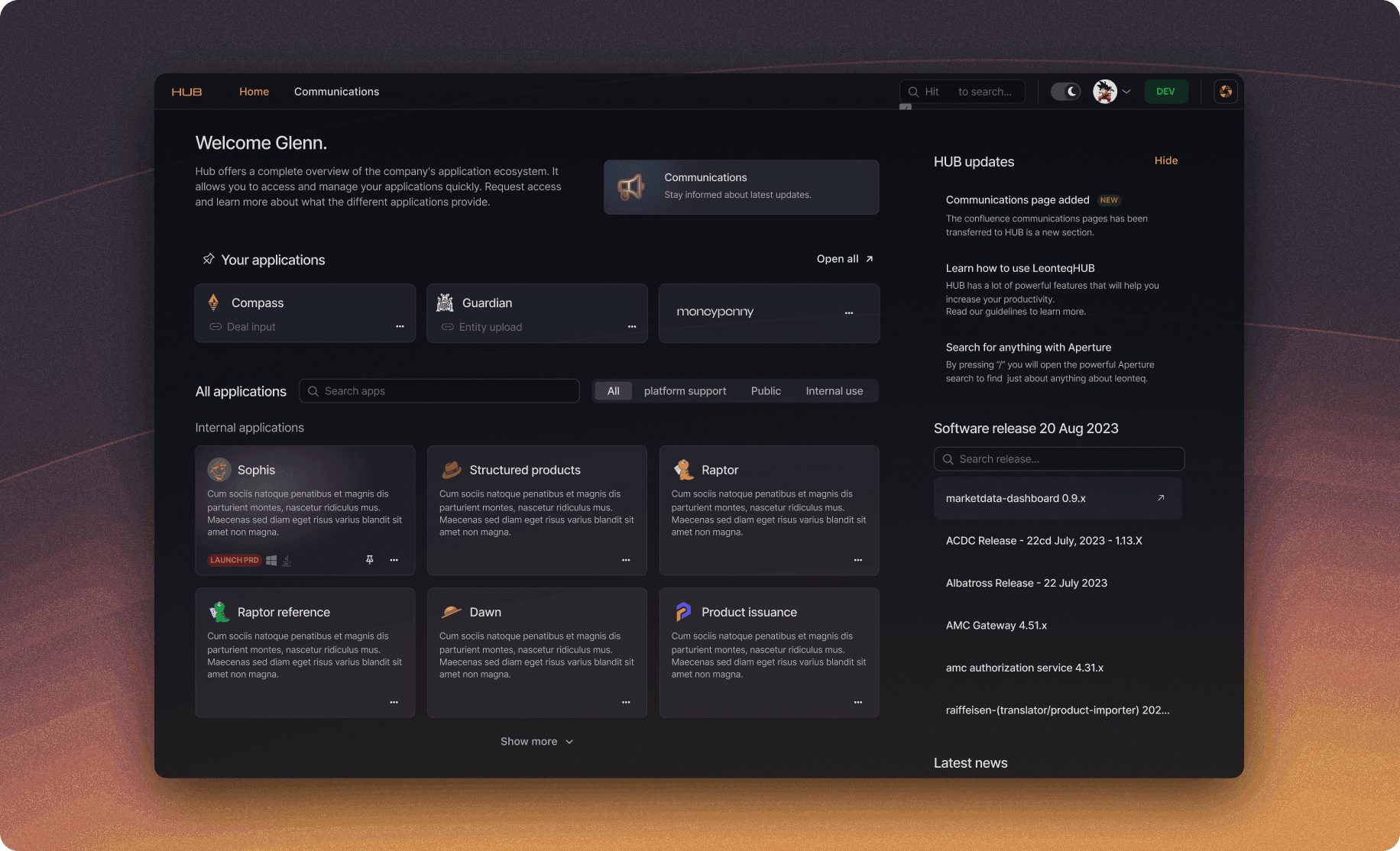 App-Katalog und Dashboard von Leonteq HUB