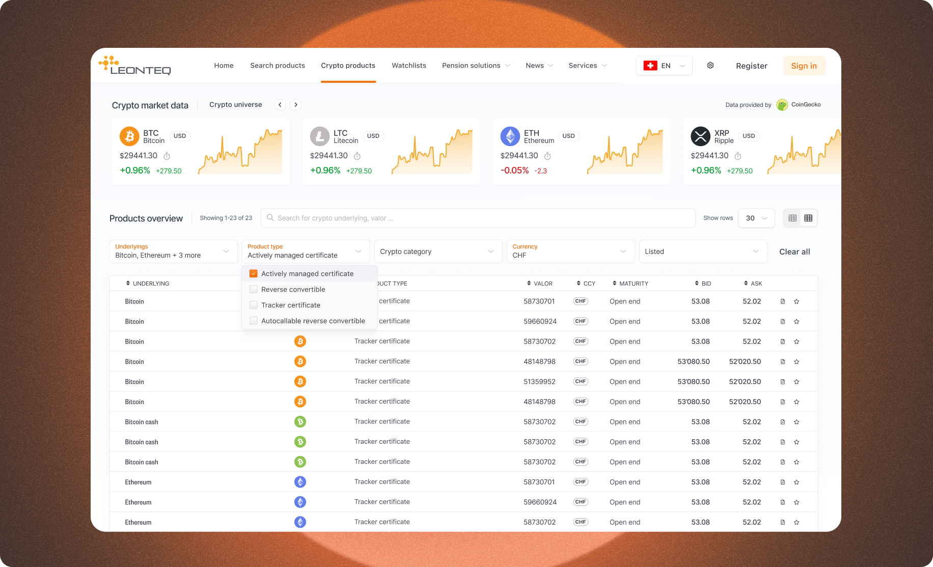 Crypto structured products search and listing