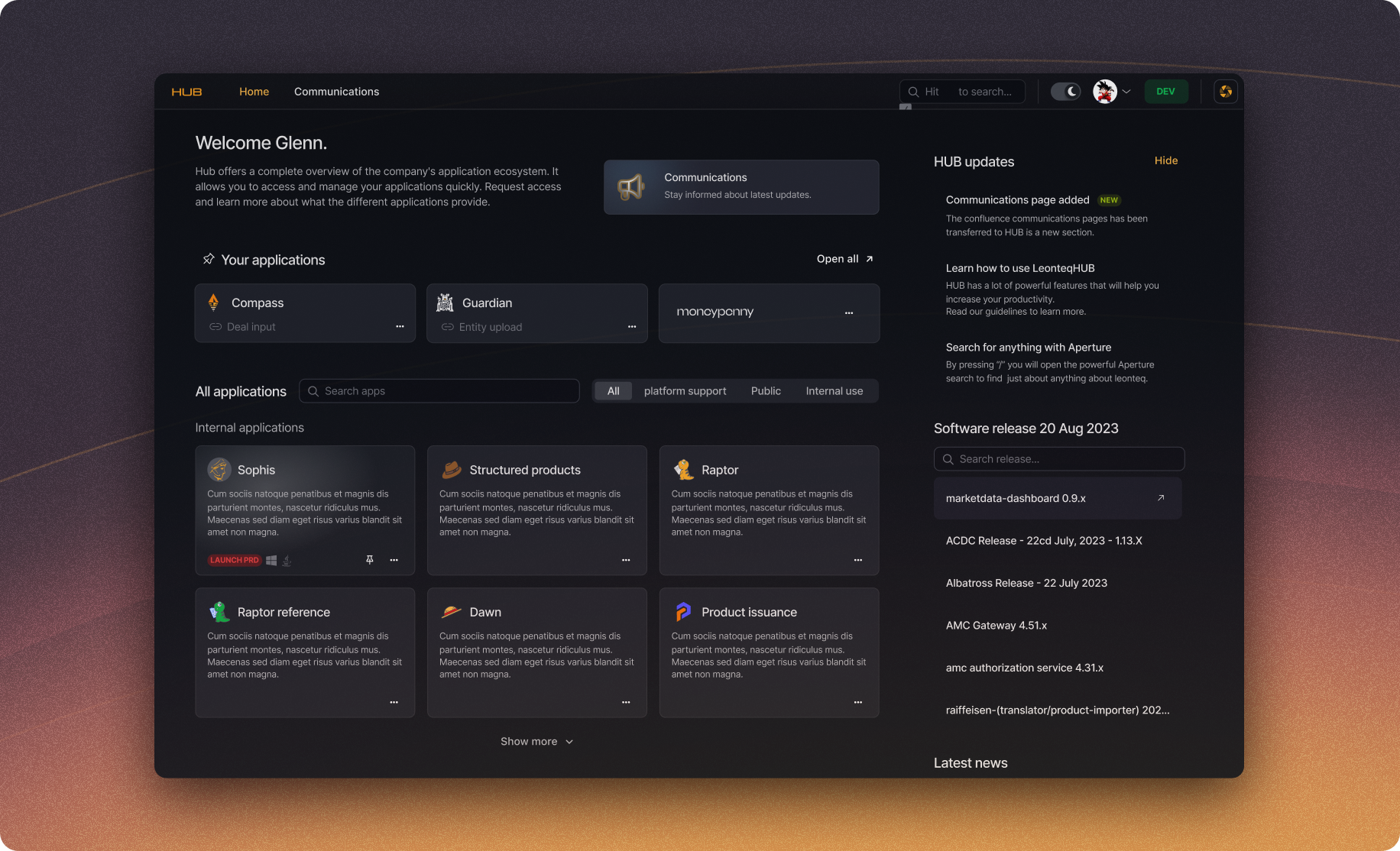 Leonteq HUB app catalogue and dashboard